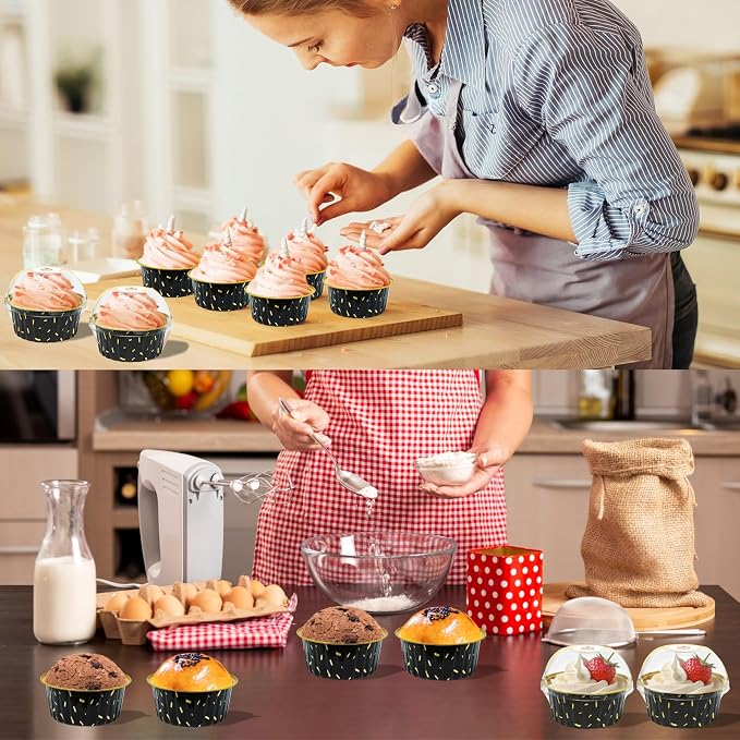 100 Pack 5oz Cupcake Pans with Dome Lids,5 oz Disposable Ramekin Cupcake Liners,Reusable Mini Muffin Case Dessert Containers for Birthday Wedding Party (Meteor Shower)