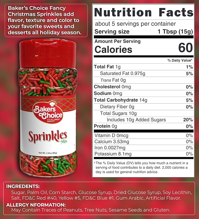 Baker's Choice Christmas Sprinkles For Baking - Sprinkles - Christmas Jimmies Sprinkles for Cookie Decorating - Dairy Free, Kosher 2.8 oz., Red & Green