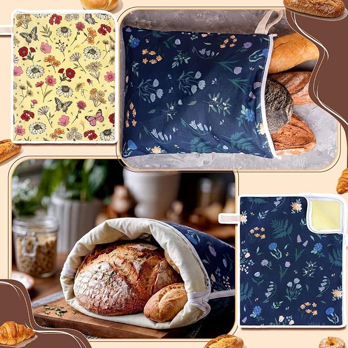 Hahafelt 2 Pack Beeswax Bread Bags with Zipper Seal for Sourdough and Homemade Bread XL Reusable Organic Linen Cotton Beeswax Loaves Food Storage Bag to Keep Fresh(Wildflower)