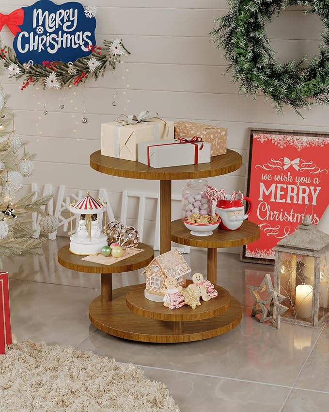 SANYOUNG 4 Tier Round Cupcake Tower Stand for 50 Cupcakes, Rotatable Wooden Cake Stands with Tiered Tray, Cookie Dessert Display Stand for Wedding Birthday Baby Shower Tea Party, Rustic