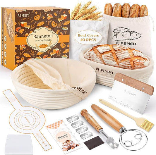 Banneton Bread Proofing Basket Sourdough Bread Baking Supplies, Sourdough Starter Kit with 9" Round and 10" Oval Baskets, Sling, Bread Lame, Proofing Cover, Scraper, Dough Whisk