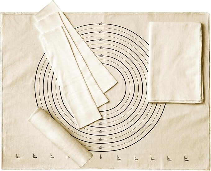 Tessco 6 Pieces Pastry Cloth and Rolling Pin Cover Set Includes 2 Pcs 25 x 20 Inch Large Cotton Pastry Mat 4 Pcs 14 x 2.5 Inch Rolling Pin Cover Sleeves for Dough Bread Pie Baking Kitchen Supplies
