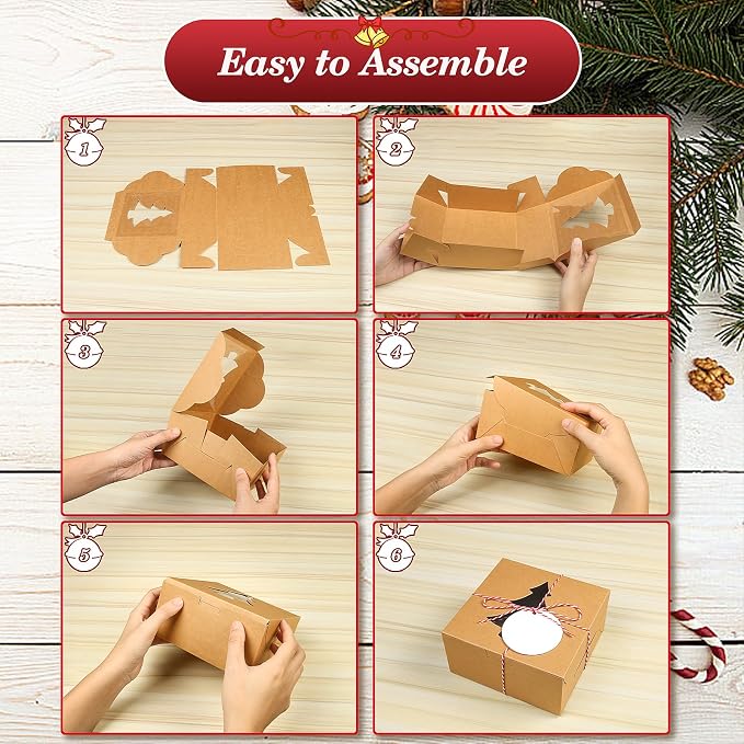COTOPHER 30Pcs Christmas Cookie Boxes with Window, 6x6x3 inch Kraft Brown Bakery Boxes for Gift Giving, Small Treat Boxes for Cake Donuts Chocolate Strawberries Pastries Muffins
