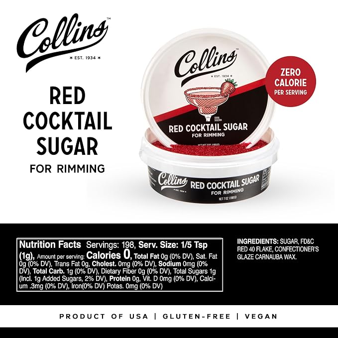 Collins Red Cocktail Sugar, Enhance Daiquiris, Cosmopolitans, Margaritas, Cocktail Drinks, Glass Rimming Sugar for Cocktails 7oz