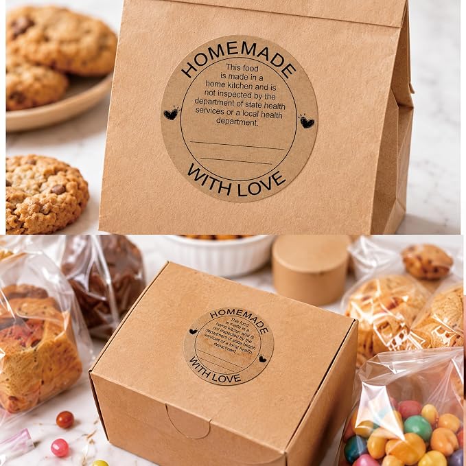 500 Pcs Cottage Food Law Homemade with Love Stickers 2 inch Home Kitchen Inspection Statement Labels Made in Home Kitchen Canning Jar Stickers of Personalized Baking (Kraft Paper)