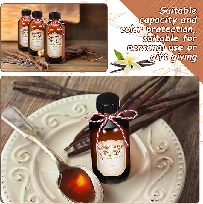 Uiifan 8 Pcs Vanilla Extract Bottles Boston Round with Caps Glass Bottle and 8 Pcs Vanilla Extract Labels Stickers for Syrup Gift Glass Food Storage Canister Set Sauce Beans(4 oz)