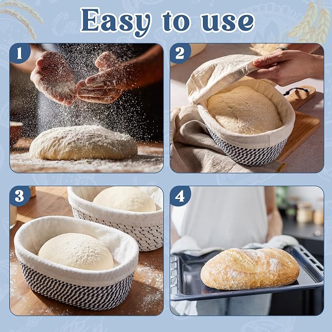 4 Pcs 10 Inch Cotton Rope Banneton Bread Proofing Basket Set Oval Banneton Basket Sourdough Bread with Liners Covers for Baking Supplies (Blue Tones)