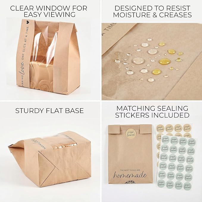 Beautiful Bread Bags for Homemade Bread - Clear Window Bags Keep Your Sourdough Loaves Fresh for Days & are Great for Gifting Homemade Bread - Perfectly Sized Bakery Paper Packaging for Baked Goods