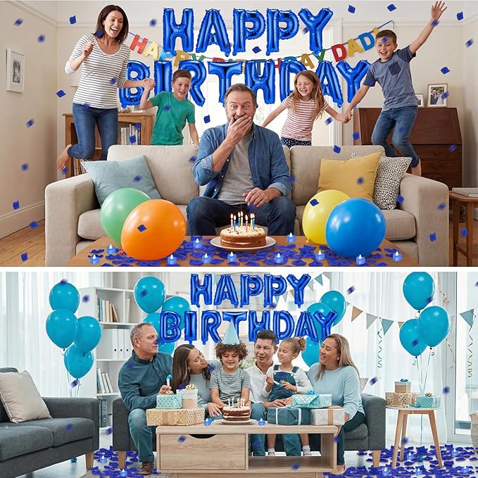 Blue Happy Birthday Balloons Decorations Happy Birthday Letter Balloons Banner Set with 24pcs Heart Flameless LED Candles and 2000pcs Artificial Rose Petals for Women Men Room Party Decor