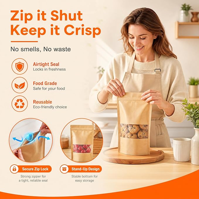 100 Pcs Kraft Paper Bags with Window, 5.5" x 7.9" Stand Up Pouches Bags, Food Storage Bags for Packaging Products, Reusable, Sealable