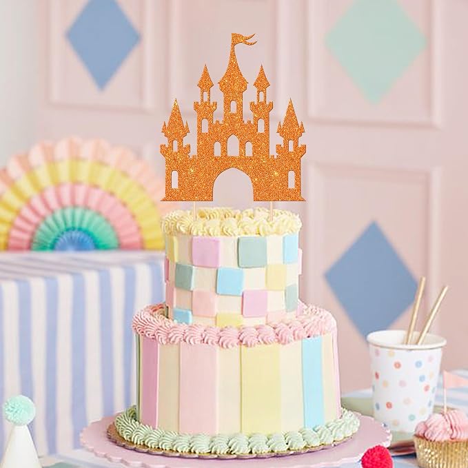 1 PCS Castle Cake Topper Glitter Princess Cake Topper Castle Theme Birthday Party Decoration Princess Happy Birthday Cake Decoration for Baby Shower Girls Princess Birthday Party Supplies Orange