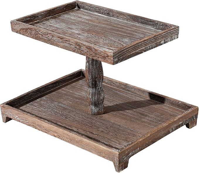 Yalikop Farmhouse Tiered Tray Stand - Wooden Rustic 2 Tier Rectangular Tray Serving Stand for House Kitchen Cake(Brown)