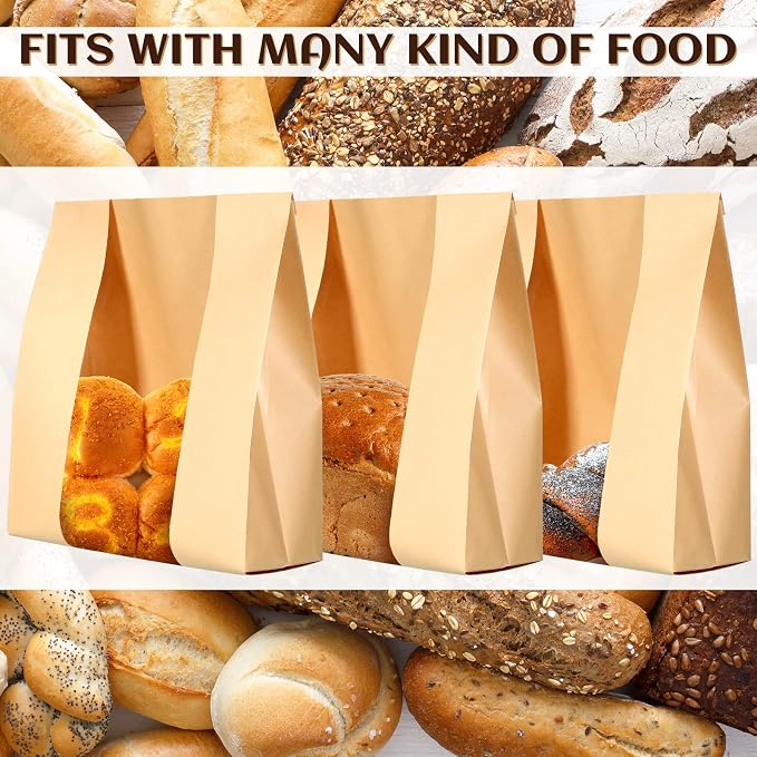 Meanplan 150 Pcs Bakery Bags with Window Large Paper Bread Bags Bulk for Homemade Bread Kraft Packaging with 10 Sheets Stickers for Sourdough Loaf Cookie Food 12 x 8.3 x 3.5 Inch