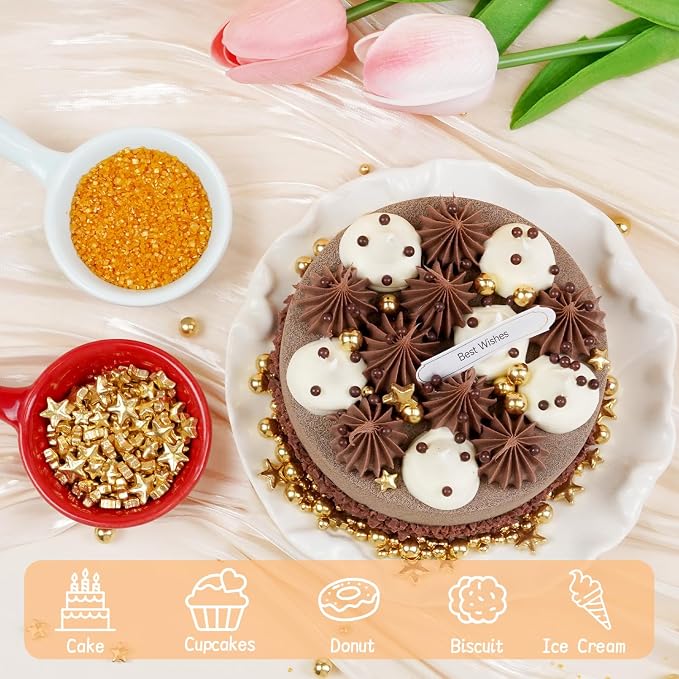 Edible Gold Pearl Sprinkles for Cake Decorating, 160g/5.64oz, Gold Sugar Sanding and Star Sprinkles for Cupcake, Cookie, Baking Cake Decorations, Holiday, Wedding Party, Valentine's Day Supplies