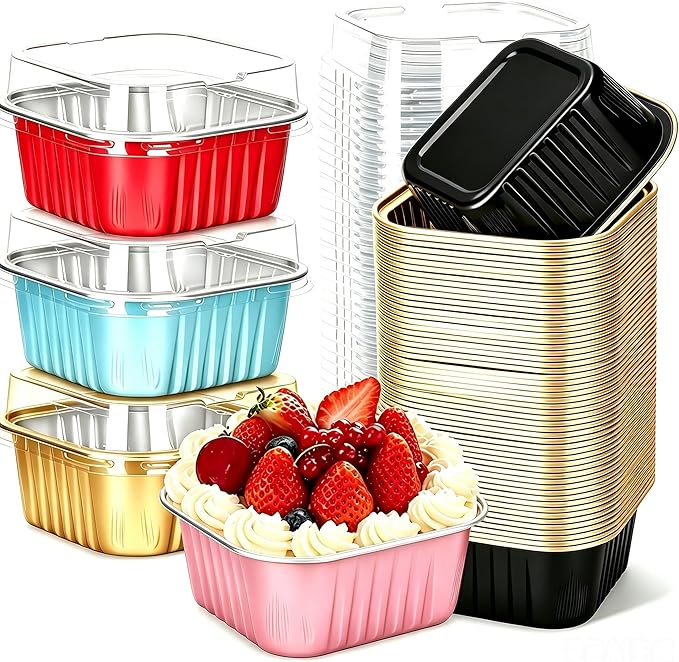 60Pack 5oz Mixcolor Mini Cake Pans with Lids Baking Cups Aluminum Foil Pans Tins, Individual Dessert Cups Containers for Sales,Party,Picnics