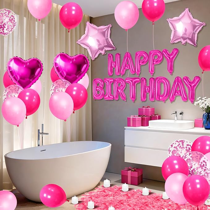 Hot Pink Happy Birthday Balloons Decorations Light Pink Birthday Balloon Letters Banner with Star Heart Balloons 1000 Pcs Artificial Rose Petals 24 Flameless LED Candles for Birthday Party Supplies