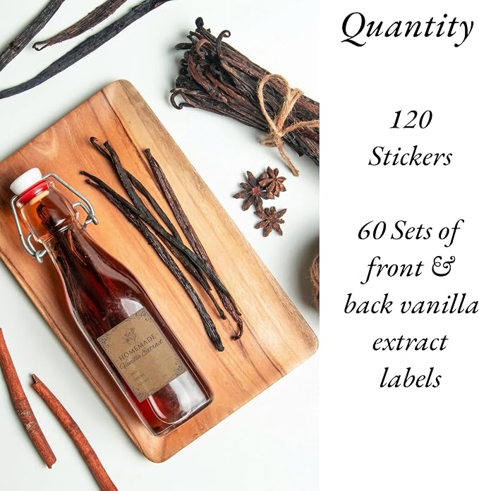 120PCS Homemade Vanilla Extract Labels for Gift Bottles, 60 Sets | 1.5" x 2" Vanilla Extract Stickers with Front & Back Designs for Handcrafted Homemade Bottles & Gifts, Made from Kraft Paper