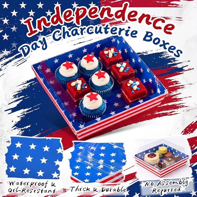 Potchen 50 Pack Bakery Boxes with Clear Lids, Disposable Charcuterie Treat Boxes for Cookies, Donuts, Cupcakes, Candy and Mini Cakes, Party Favor for Wedding and Gift Giving(Independence Day Design)