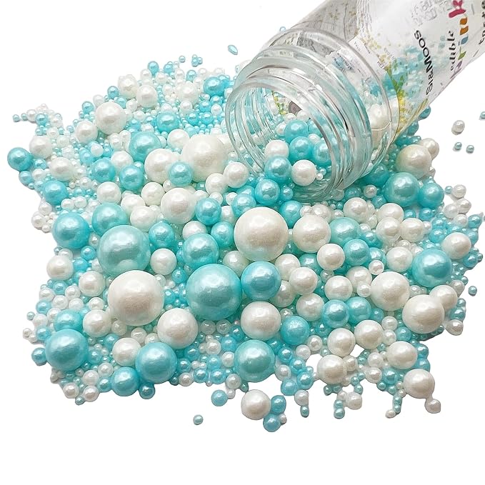 SE Si&Moos Baby Blue and White Pearl Sprinkles for Cake Decorating White Edible Pearl Cake Decorations Light Blue Sprinkles for Cake, Cupcake, Baby Shower Birthday Party Holiday Christmas Supplies 3.5 OZ