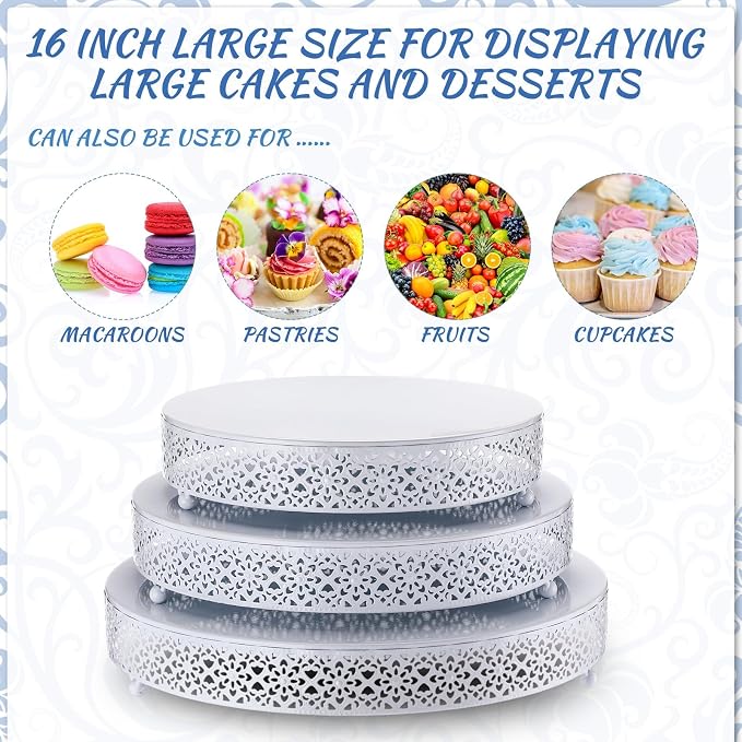 Wenqik 3 Pcs Cake Stand 16'' 14'' 12'' Round Metal Cake Stand Bases Display Holder Cookies Serving Tray Display Plate Cupcake Dessert Pastry Riser for Wedding Birthday Party(Vintage Style, White)