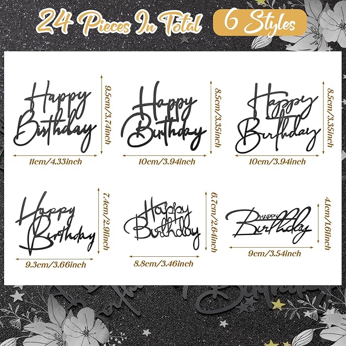 Barydat 24 Pieces Black Happy Birthday Cake Toppers Mirror Acrylic Cupcake Topper Happy Birthday Sign for Cake Side Cupcake Decorations, 6 Styles