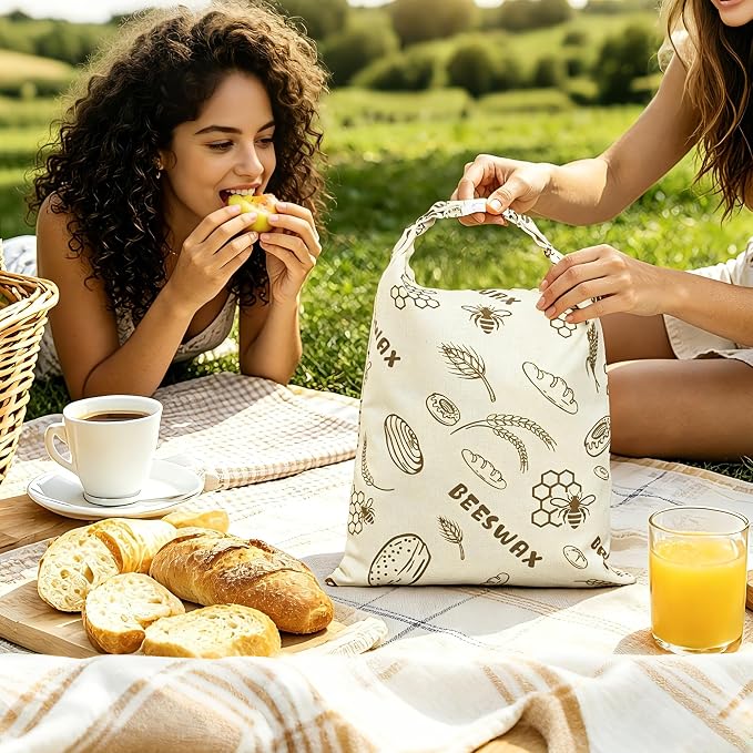 Reusable Lorine Beeswax Bread Bags For Homemade Bread & Sourdough Bread - 2 Packs 17x12 inch Organic Cotton Linen Bread Bag, Eco-Friendly Freshness Lock with Secure Buckle & Roll-Top Handle