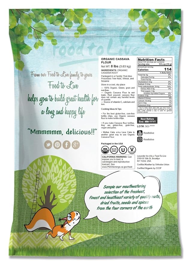 Food to Live Organic Cassava Flour, 8 Pounds — Non-GMO, Raw Yuca Root Powder, 100% Pure, Kosher, Vegan Superfood, Paleo, Bulk, Wheat Flour Substitute