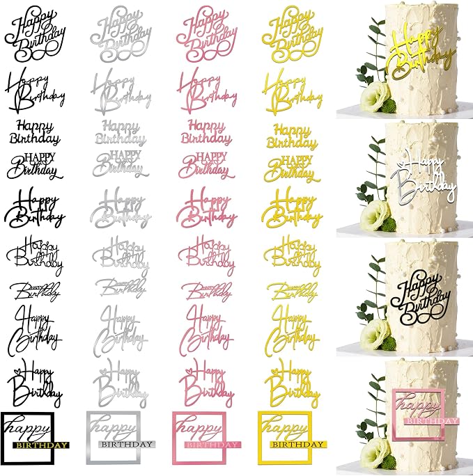 40 PCS Happy Birthday Cake Toppers Mirror Acrylic Toppers with 10 Styles 4 Colors for Birthday Party Cake Desserts Pastries