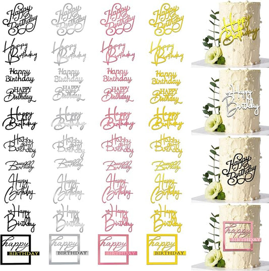 40 PCS Happy Birthday Cake Toppers Mirror Acrylic Toppers with 10 Styles 4 Colors for Birthday Party Cake Desserts Pastries