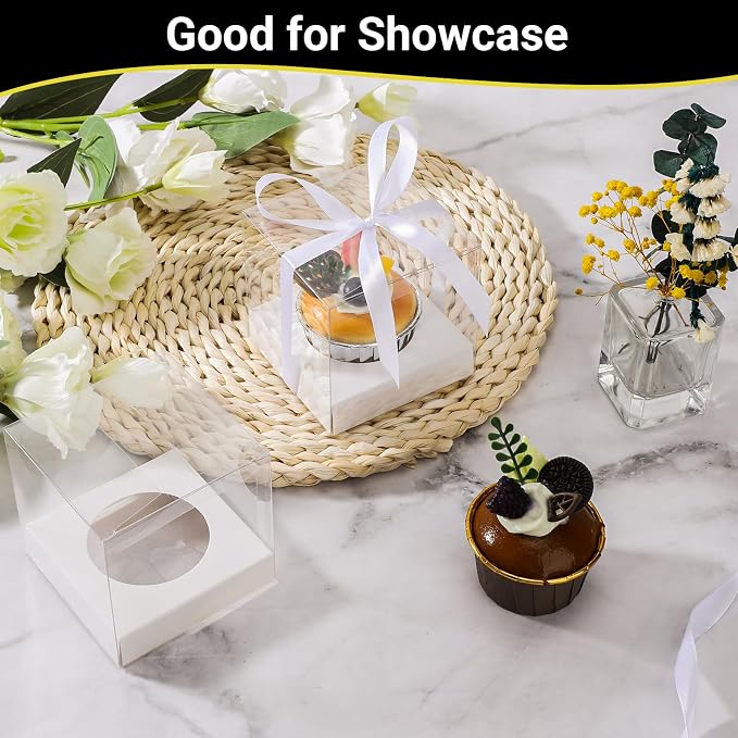 EUSOAR Disposable Clear Cupcake Boxes, 50pcs 3.5 Inch Plastic White Individual Cupcake Carrier Storage for Cake Dessert, Single Transparent Cupcake Holder Containers for Wedding Party
