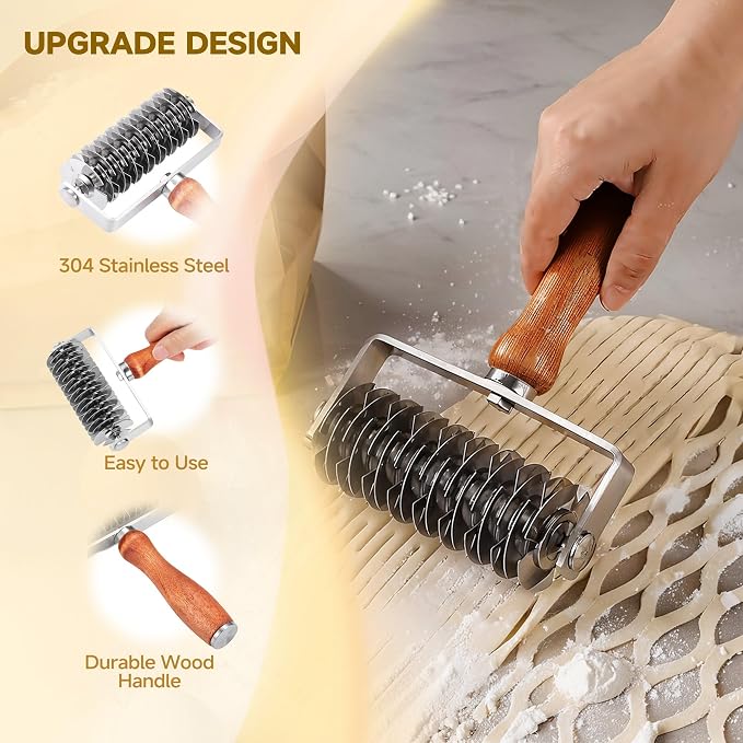 Pastry Lattice Roller Cutter, Stainless Steel Dough Cutter Wheel with Wood Handle, Time-Saver Baking Tools for Beef Wellington Pie Crust Pizza Bread, JKUS20408