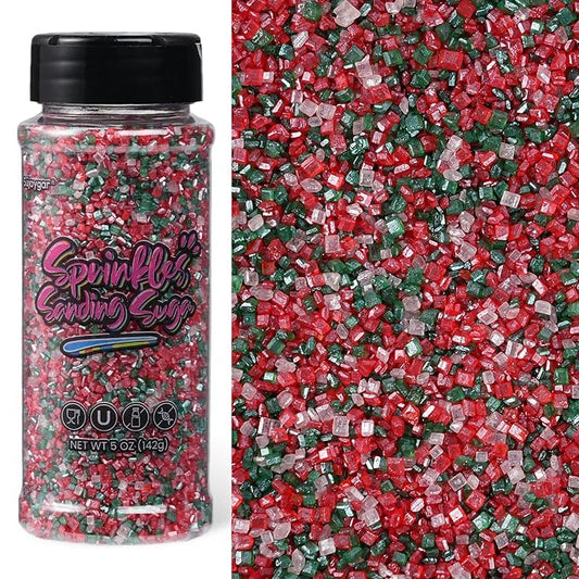 Sujoygar Christmas Sanding Sugar Sprinkles, 5oz Edible Sugar Crystals for Cocktails, Red Green and White Cake Sprinkles for Chocolate Ice Cream Toppings Cupcake Decoration Christmas Party Cookies Baking Dessert Food Supplies