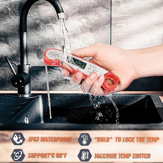 Digital Meat Thermometer, Waterproof Instant Read Food Thermometer for Cooking and Grilling, Kitchen Gadgets, Accessories with Backlight & Calibration for Candy, BBQ Grill, Liquids, Beef, Turkey…