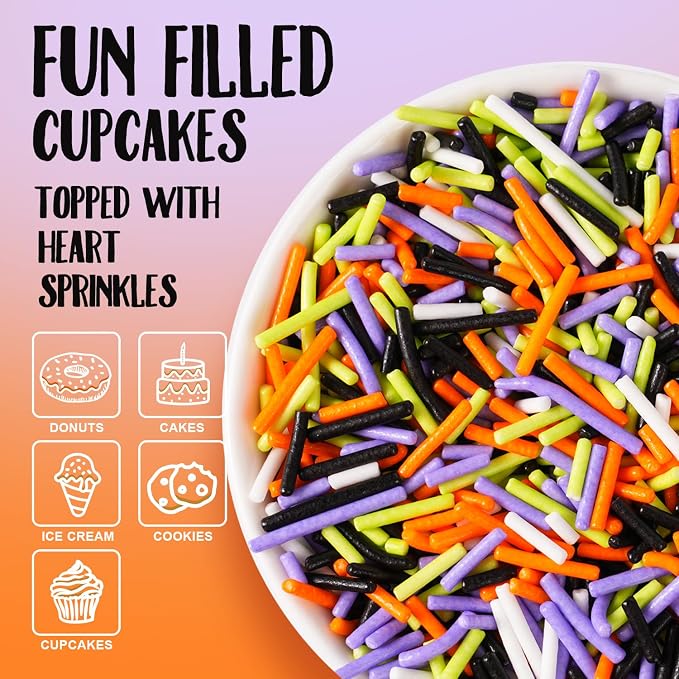 Halloween Sprinkles Bulk 16 oz - Purple, Orange, Green, Black Jimmies Mix for Cake Decorating, Cookies, Cupcakes, Ice Cream Topper - Spooky Halloween Party Supplies Halloween Jimmies
