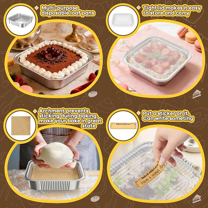 Gyreuni 30 Pack Disposable Aluminum Foil Loaf Pans with Lids Stickers and Parchment Paper Sheets-8" X 8" Disposable Square Baking Cake Pans-Aluminum Foil Tins Portable Food Containers Kit