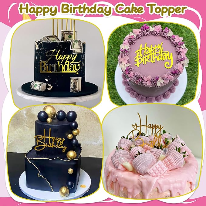 24 PCS Gold Happy Birthday Cake Toppers Mirror Acrylic Side Cake Decorations 8 Styles