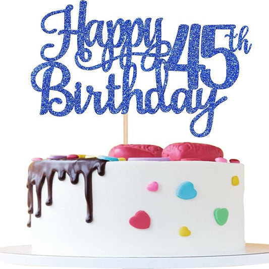 1 PCS Happy 45th Birthday Cake Topper Glitter Cheers to 45 Years Birthday Cake Pick Forty Five 45 Fabulous Cake Decoration for Happy 45th Birthday Theme Party Decorations Supplies Blue