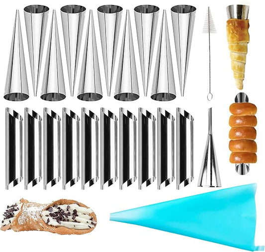 10 Pack Croissant Baking Forms 5 Inch + 10 Pack 5 Inch Cannoli Tube Moulds Kit, with Blue Pastry Bags Reusable, Cleaning Brush and Quality long Cream Icing Piping Tip for DIY Croissant Rolls