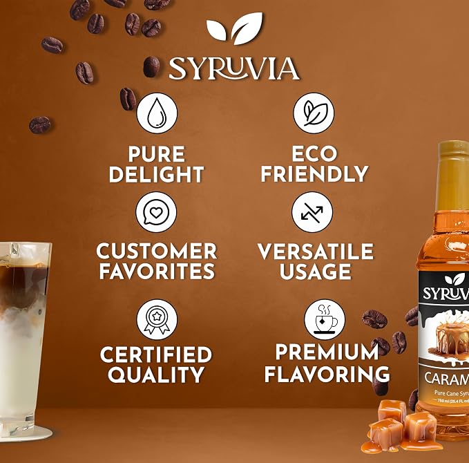 Syruvia Coffee Syrup, Caramel Flavored Syrup for Drinks, Lattes, and Desserts – 25.4 fl oz - with Pump