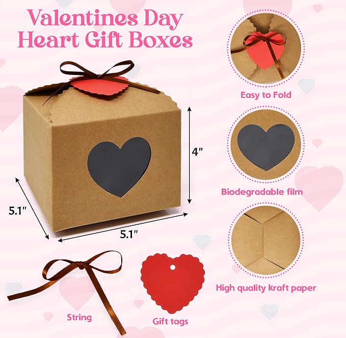 Gift Boutique Heart Gift Boxes 24 Pack Kraft Paper Favor Boxes with Heart Window Ribbon and Tags for Candy Cookies Treats Weddings Showers Party Favors