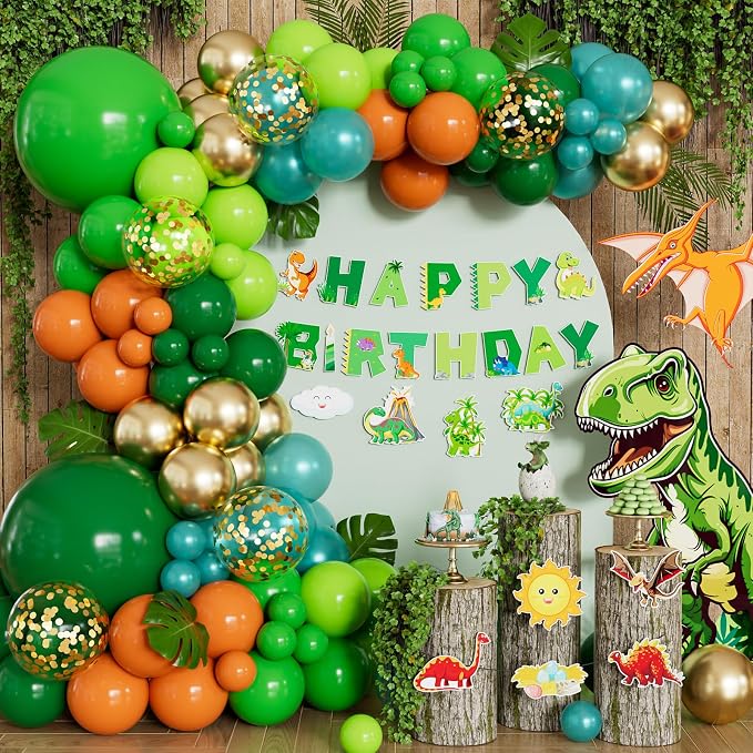 Dinosaur Balloon Arch Garland Kit, 144PCS Dinosaur Birthday Party Decorations with Dino Banner & Happy Birthday Banner, Jungle Balloons for Kids Boys Dino Jungle Safari Birthday Baby Shower Party