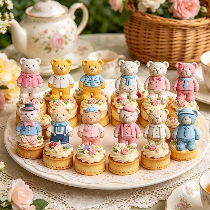2Pcs 6-Cavity Dressed Bear Silicone Fondant Mold Teddy Bear Candy Molds for Cake Decorating, Cupcake Toppers, Chocolate, Polymer Clay, Jelly, Lollipop, Gender Reveal Desserts