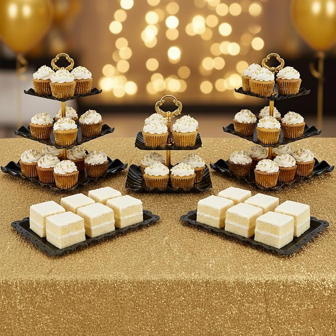 NWK 5 Piece Cake Stand Set with 2 x 3-Tier Cupcake Stands, 1 x2-Tier Cupcake Stands, 2 x Appetizer Trays, for Wedding Birthday Baby Shower Tea Party Decorations (5, Black, Square)
