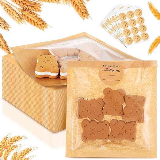 Outus 200 Pcs Cookie Packaging Bags with Seal, 5.7 x 6.5 Inch Bakery Pastry Bags with Window, Heat Sealable Grease Resistant Paper to Go Bake Sleeves for Gift Giving Donut Bread Sandwich (Brown)