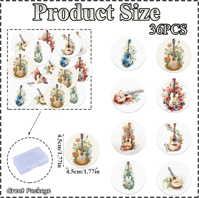 36PCS Edible Guitar Cupcake Toppers Wafer Paper Music Instrument Cake Picks Music Guitar Birthday Cake Topper Musician Cupcake Picks for Concert Theme Party Decor