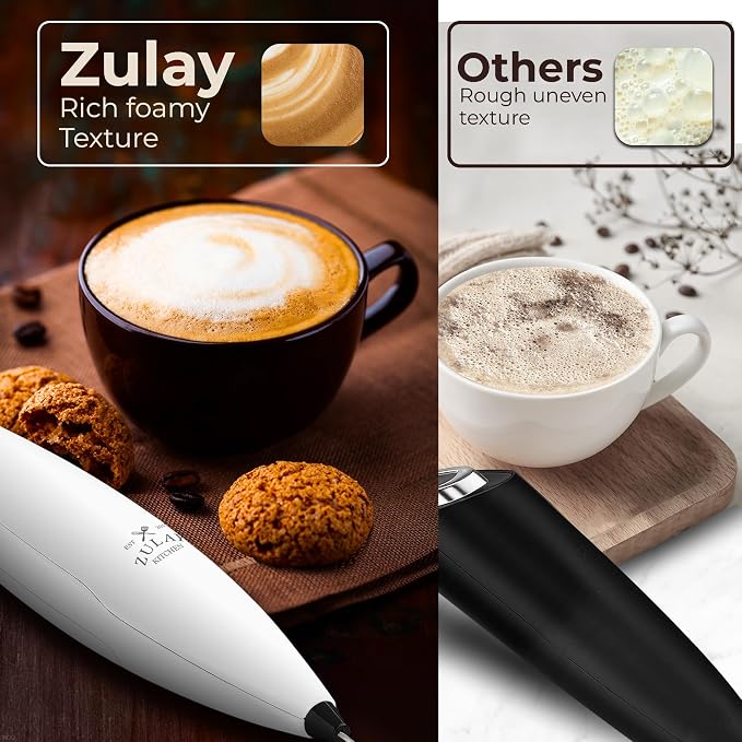 Zulay Kitchen Powerful Milk Frother Wand With Duracell Batteries - Ultra Fast Handheld Drink Mixer - Electric Whisk Foam Maker for Coffee, Lattes, Cappuccino & Matcha - Triple Whisk - Black