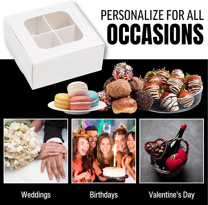 100 pcs White Mini Truffle Box for 4 Treats with Window and Dividers, Bakery Boxes, 3.5 x 3.5 x 1.57 Inches VERY SMALL Baking Boxes, Square Truffles Box for Gift Giving