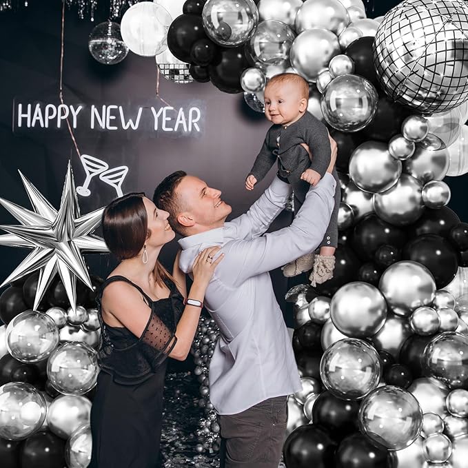Black Silver Disco Ball Balloons Arch Kit, Black Silver Clear Balloons Garland with Large Disco Balls and Explosion Star Foil Balloons, for Disco Dance Diamond Birthday Graduation New Year Decoration