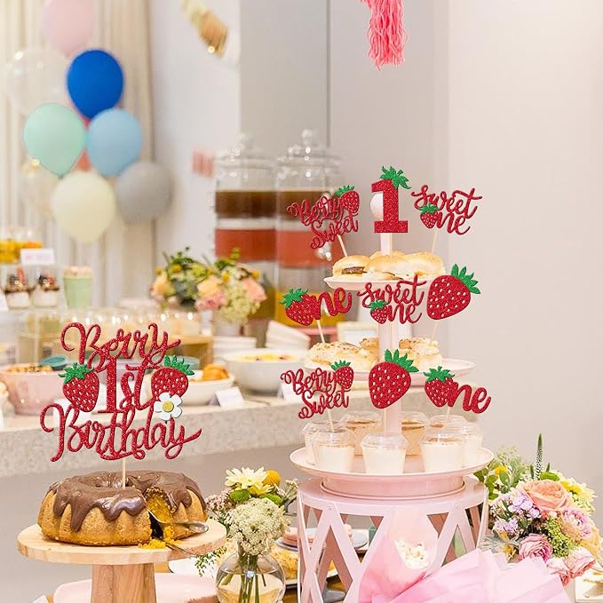 31 PCS Sweet One Strawberry Cupcake Toppers Red Berry 1st Birthday Cake Topper Strawberry First Birthday Cupcake Picks for Strawberry Theme Baby Shower 1st Birthday Party Decorations Supplies
