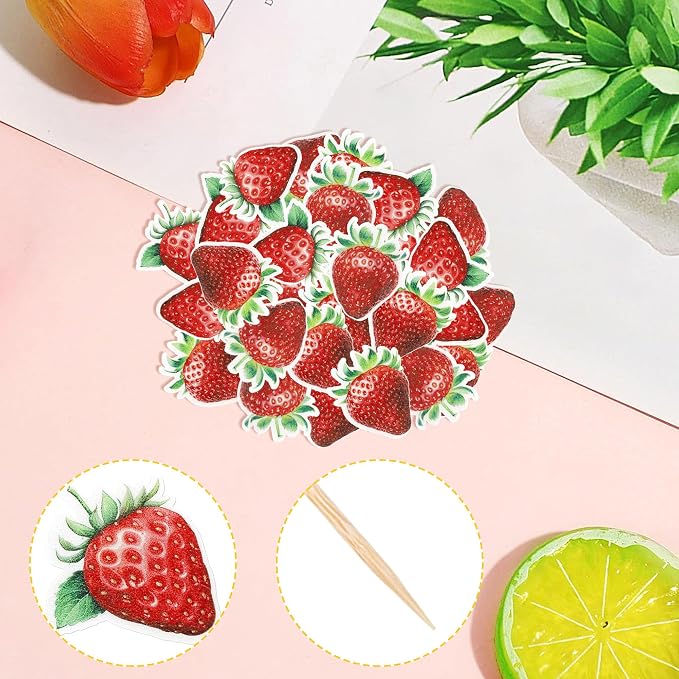 60 PCS Edible Strawberry Cupcake Toppers Wafer Paper Sweet Strawberry Birthday Cake Decorations Edible Berry Strawberry Cupcake Picks for Baby Shower Wedding Birthday Party Food Decorations Supplies